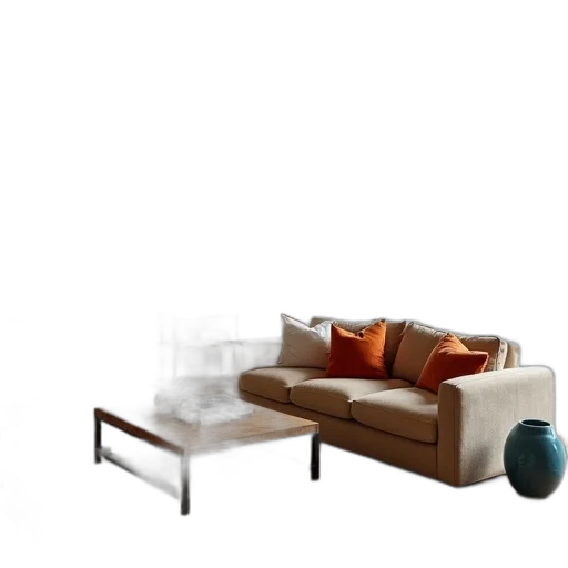 furniture, 3d render, photorealistic, concept art, earth tones, monochrome, dark, cozy transparent PNG cut-out