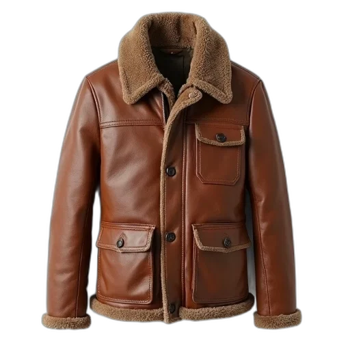 jacket, earth tones, brown, leather, fur-lined, collar, multiple, pockets transparent PNG cut-out