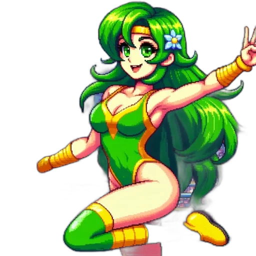 pixel art, concept art, fantasy art, anime, green, female, wrestler, hair transparent PNG cut-out