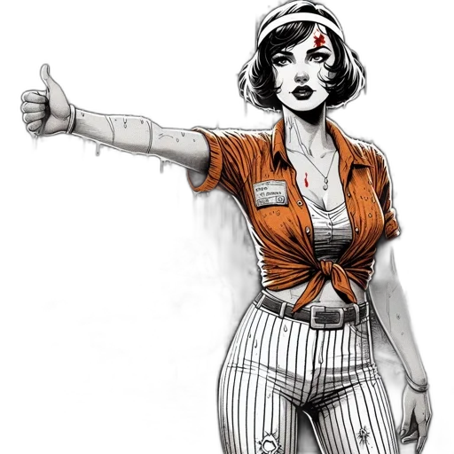 comic book art, concept art, cartoon, fantasy art, woman, rainy, scene, hitchhikes transparent PNG cut-out