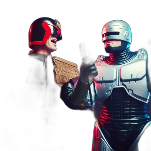robot, 3d render, concept art, comic book art, outer space, two, characters, perform transparent PNG cut-out