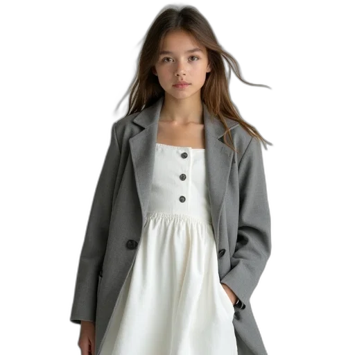dress, jacket, monochrome, young, girl, wearing, white, grey transparent PNG cut-out