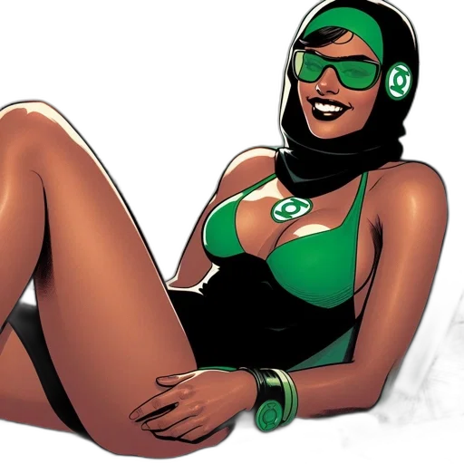 comic book art, concept art, cartoon, cyberpunk, green, woman, black, swimsuit transparent PNG cut-out