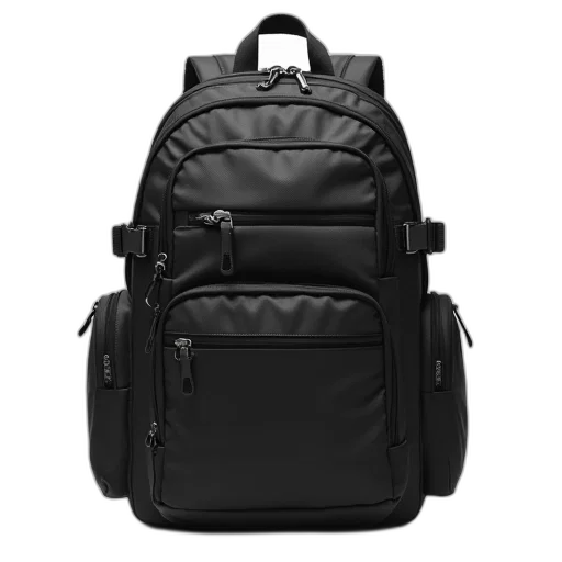 jacket, 3d render, black, backpack, multiple, compartments, straps, displayed transparent PNG cut-out