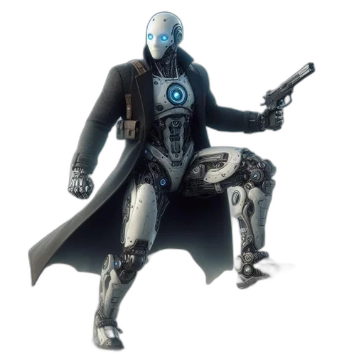 robot, weapon, concept art, 3d render, cyberpunk, comic book art, blue, alien transparent PNG cut-out