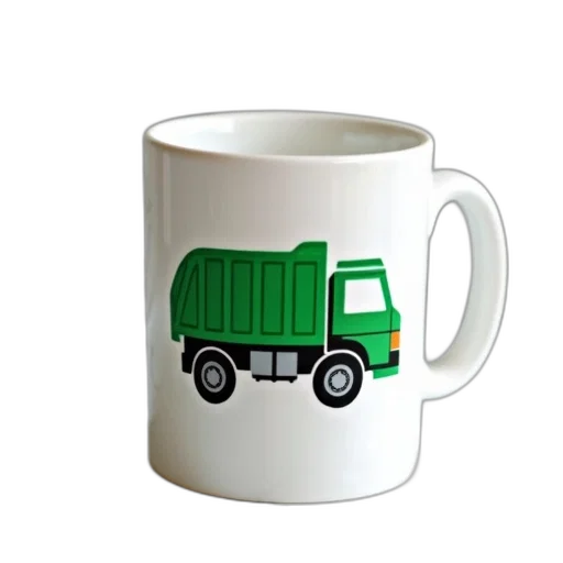 photorealistic, 3d render, green, white, ceramic, mug, garbage, truck transparent PNG cut-out