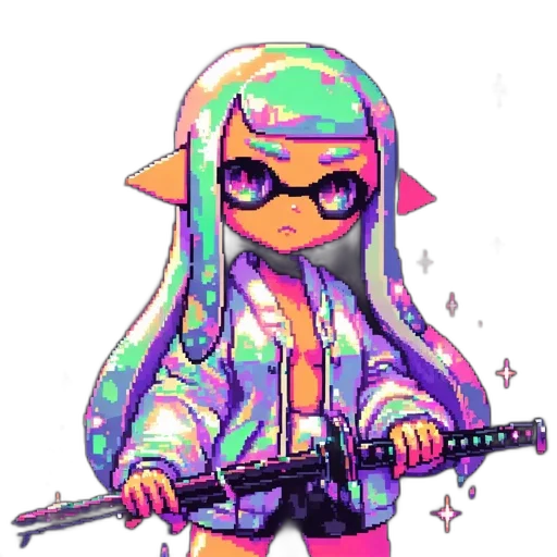weapon, jacket, staff, vaporwave, pixel art, cyberpunk, anime, neon lights transparent PNG cut-out