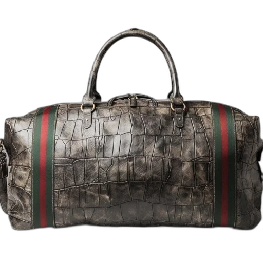 large, gray, leather, bag, red, green, stripes, features transparent PNG cut-out