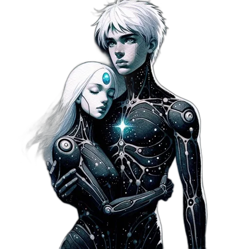robot, comic book art, concept art, cyberpunk, fantasy art, outer space, two, figures transparent PNG cut-out