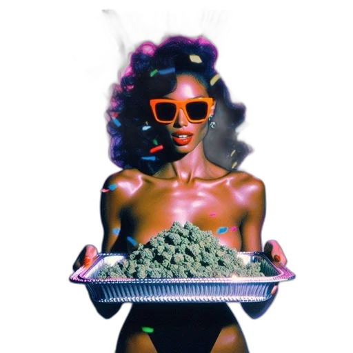 jewelry, food, vaporwave, neon, woman, vibrant, surroundings, holds transparent PNG cut-out