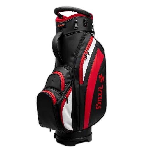 black, red, golf, bag, white, stripe, displayed, against transparent PNG cut-out