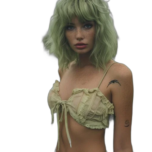 dress, hair, hat, photorealistic, 3d render, fantasy art, concept art, green transparent PNG cut-out