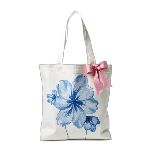 photorealistic, white, tote, bag, blue, floral, pattern, pink transparent PNG cut-out