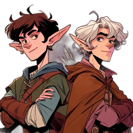 fantasy art, concept art, comic book art, watercolor, earth tones, two, elf-like, animated transparent PNG cut-out