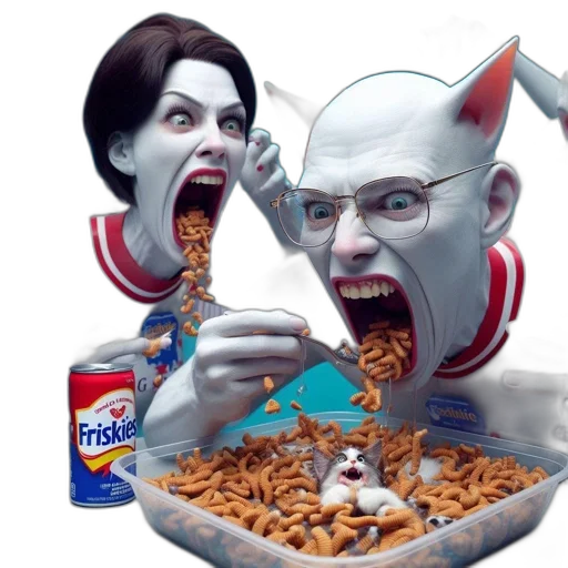food, concept art, surreal, cat-like, figures, frenzy, eat, friskies transparent PNG cut-out