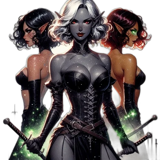 comic book art, concept art, fantasy art, cyberpunk, dark, green, three, female transparent PNG cut-out