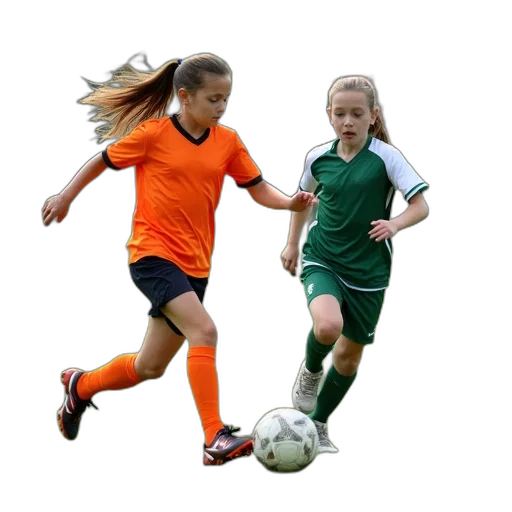 young, girl, orange, black, soccer, uniform, playing, field transparent PNG cut-out