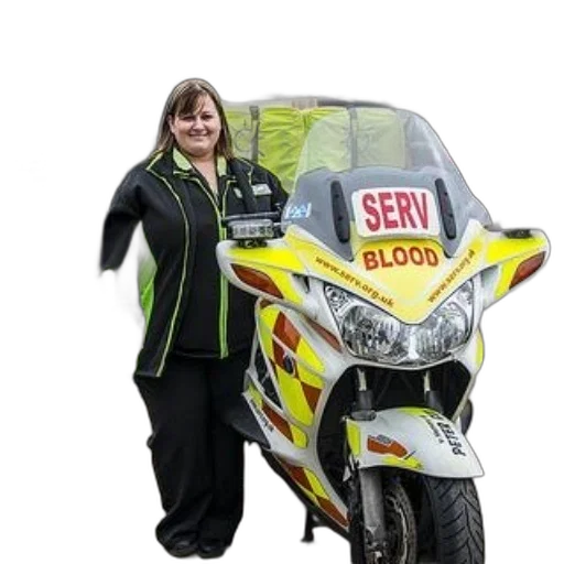 staff, woman, stands, next, serv, blood, motorcycle, wearing transparent PNG cut-out