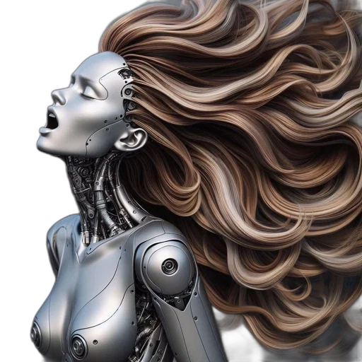 robot, hair, comic book art, photorealistic, concept art, 3d render, lifelike, metallic transparent PNG cut-out