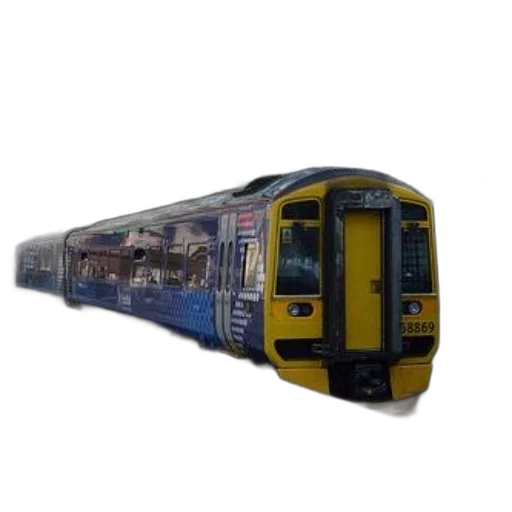 3d render, photorealistic, yellow, train, number, 58869, parked, station transparent PNG cut-out