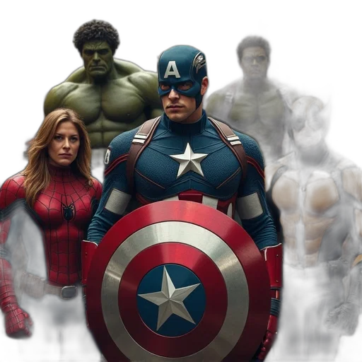comic book art, concept art, 3d render, picture, captain, america, surrounded, various transparent PNG cut-out