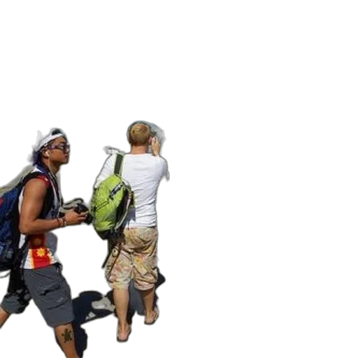 3d render, concept art, photorealistic, beach, two, travelers, backpacks, cameras transparent PNG cut-out