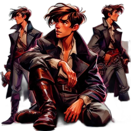 jacket, concept art, comic book art, fantasy art, pixel art, dark, young, man transparent PNG cut-out