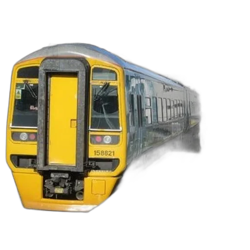 3d render, photorealistic, yellow, train, number, 158821, parked, station transparent PNG cut-out