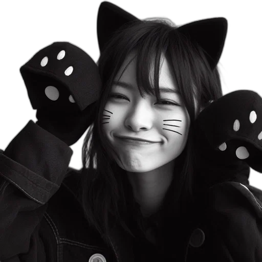 mask, photorealistic, monochrome, young, woman, donning, cat, ears transparent PNG cut-out