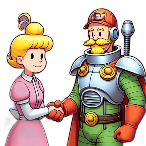 robot, staff, concept art, pixel art, comic book art, cartoon, outer space, blonde-haired transparent PNG cut-out