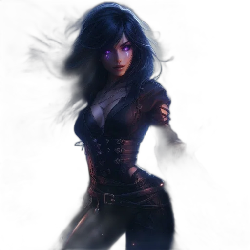 fantasy art, concept art, comic book art, photorealistic, dark, woman, long, black transparent PNG cut-out