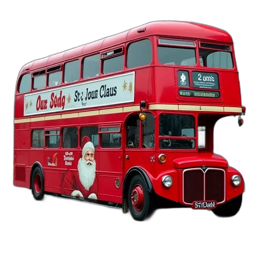 3d render, concept art, photorealistic, red, double-decker, bus, festive, holiday transparent PNG cut-out
