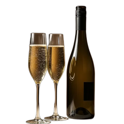bottle, 3d render, two, glass, flutes, filled, champagne, next transparent PNG cut-out