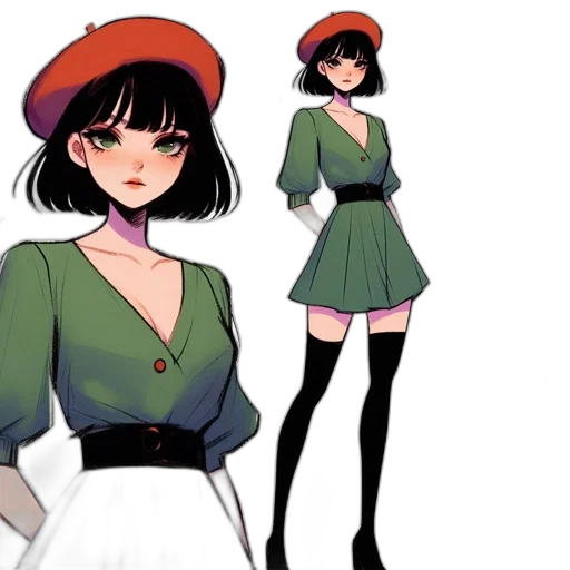 dress, hat, jacket, concept art, anime, cartoon, fantasy art, green transparent PNG cut-out