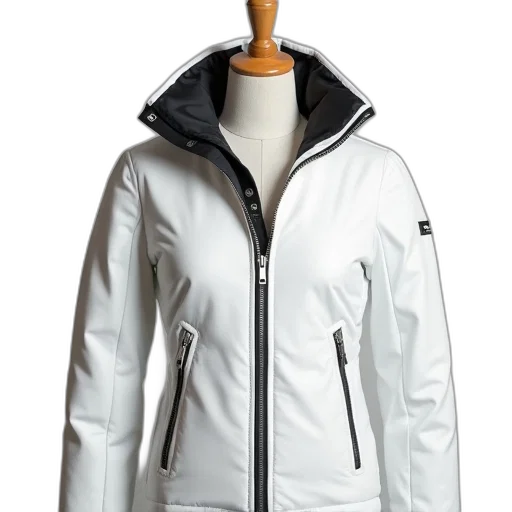 jacket, white, black, collar, zipper, displayed, mannequin, has transparent PNG cut-out