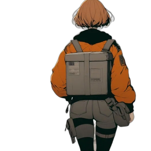 jacket, robot, weapon, staff, cyberpunk, concept art, anime, pixel art transparent PNG cut-out