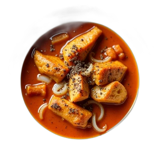 food, bowl, curry, fish, pieces, onions, placed, surface transparent PNG cut-out