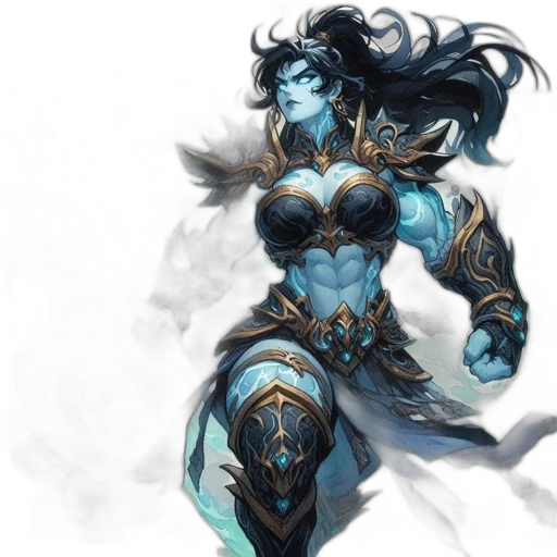 fantasy art, concept art, comic book art, photorealistic, blue, dark, female, character transparent PNG cut-out