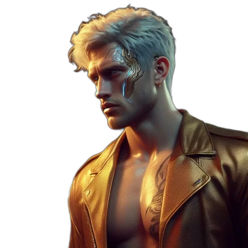 jacket, face, hair, cyberpunk, concept art, photorealistic, comic book art, neon lights transparent PNG cut-out