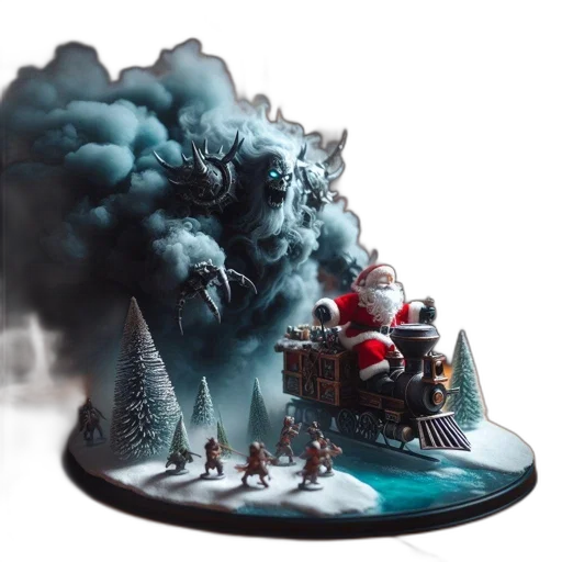 concept art, fantasy art, 3d render, snow, fog, forest, fire, santa transparent PNG cut-out