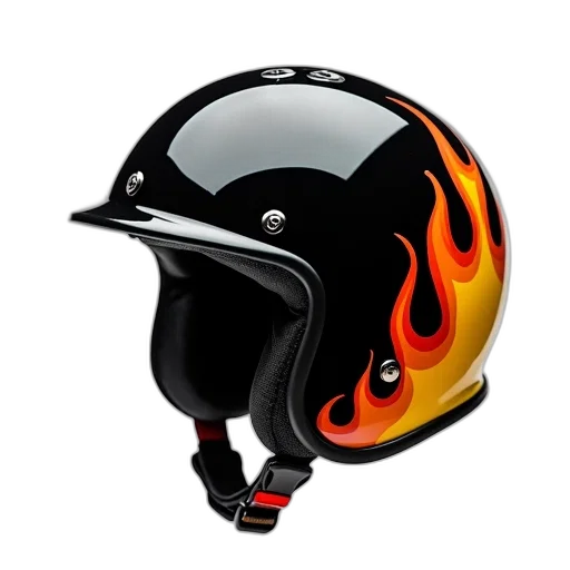 hat, black, helmet, flame, design, side, displayed, against transparent PNG cut-out