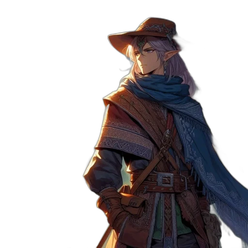 jacket, staff, hat, sword, concept art, fantasy art, watercolor, comic book art transparent PNG cut-out
