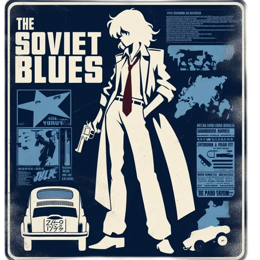 blue, vintage-style, poster, features, female, silhouette, holding, gun transparent PNG cut-out
