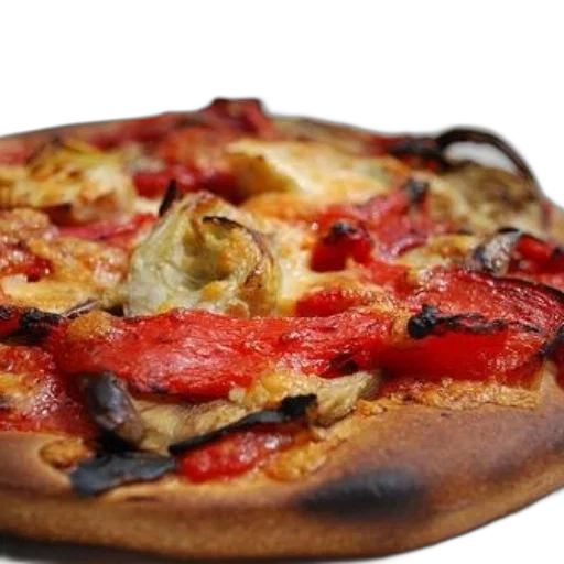 food, 3d render, photorealistic, delicious-looking, pizza, red, peppers, artichokes transparent PNG cut-out