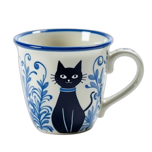 photorealistic, ceramic, mug, blue, white, color, scheme, black transparent PNG cut-out