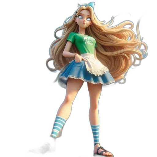 dress, staff, hair, concept art, 3d render, fantasy art, cartoon, green transparent PNG cut-out