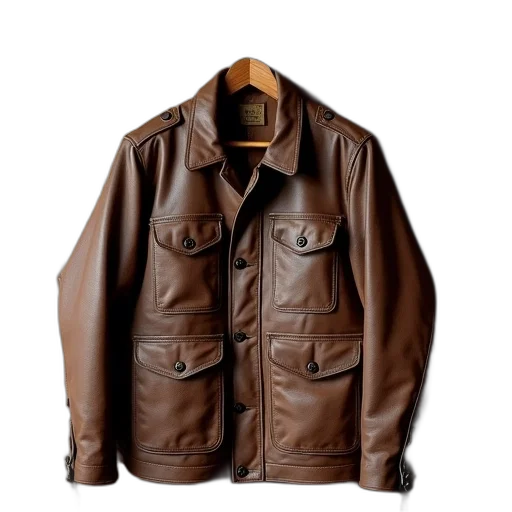 jacket, earth tones, brown, leather, multiple, pockets, collar, hanging transparent PNG cut-out