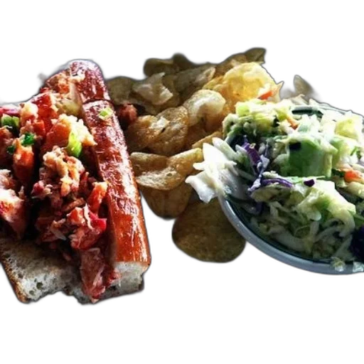 food, photorealistic, plate, featuring, lobster, roll, potato, chips transparent PNG cut-out
