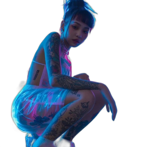 dress, jacket, creature, hair, cyberpunk, concept art, vaporwave, photorealistic transparent PNG cut-out