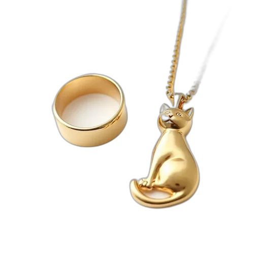 jewelry, 3d render, gold, ring, necklace, cat, pendant, displayed transparent PNG cut-out